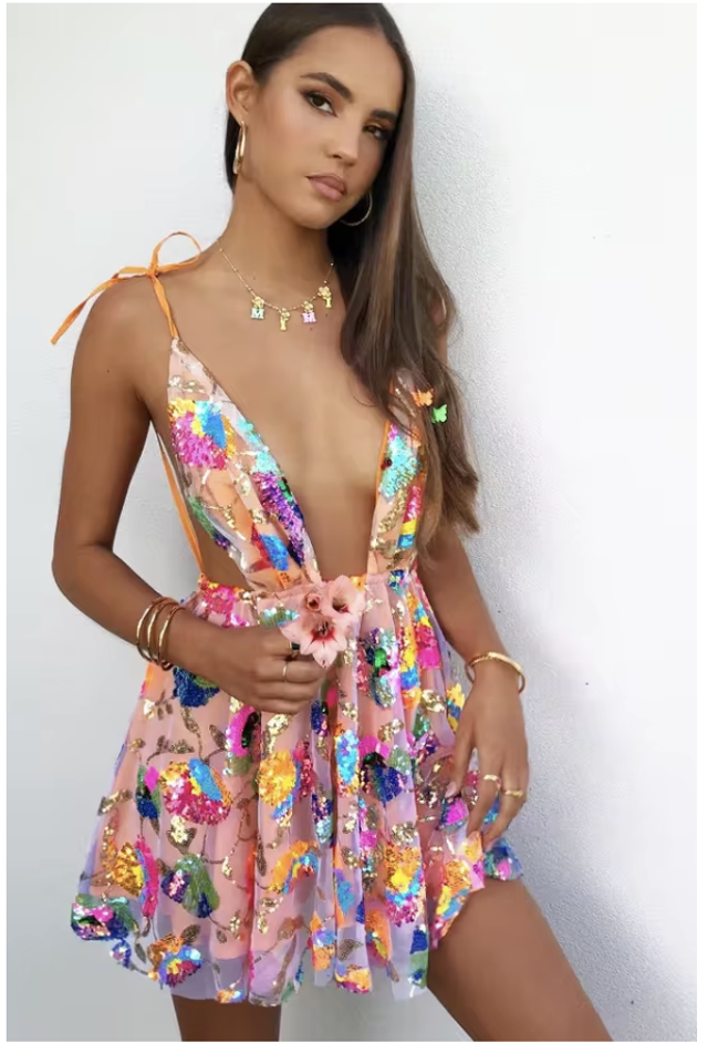 Sexy short sequin dress with deep V-neck and open back