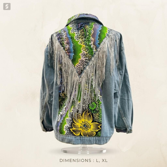 Veste en Jean Customisée Wax brillant &amp; Franges " Tania"