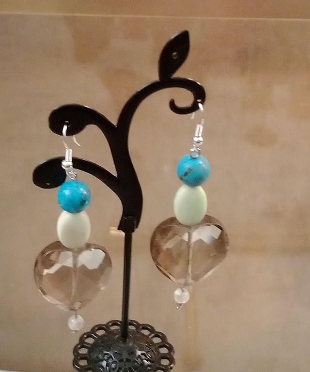 Boucles d'oreilles, turquoise, magnétite, quartz fumé, cristal de roche, argent 925/1000