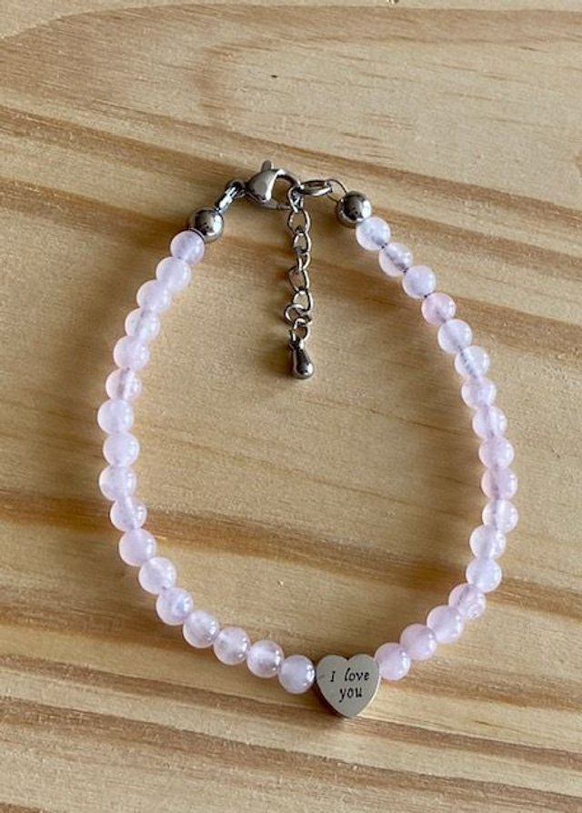 Bracelet Cœur &quot;I Love You&quot; Quartz Rose 6mm - Bracelet Cable Acier Inox
