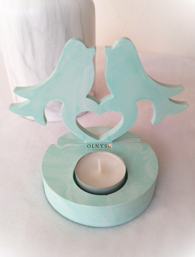 Bougeoir couple d&#039;oiseaux en plâtre résine 