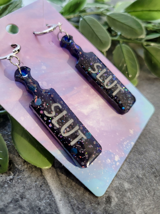 Earrings | SLUT Paddle Earrings Blue Black Glitter | Stainless Steel Hoops