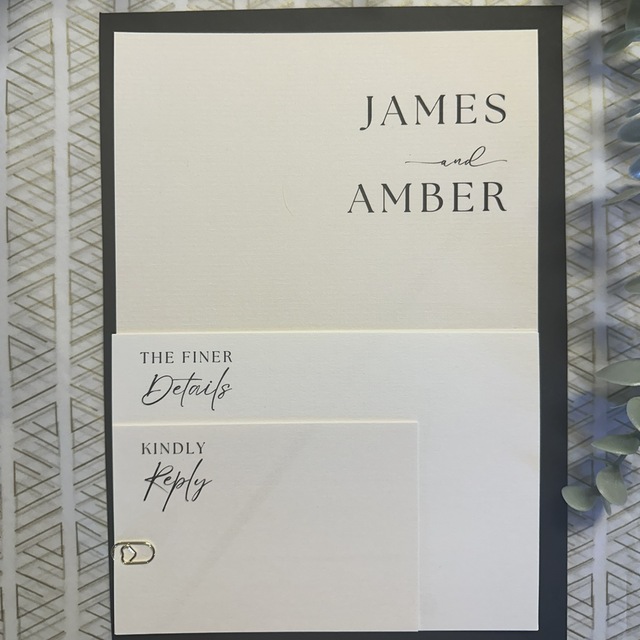 Modern Layered Stacked Wedding Invitations on Textured Laid Cardstock – White &amp; Cream