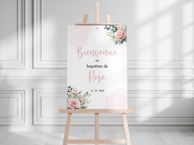 Affiche de bienvenue A3 Baptême Fleurs &amp; Blush rose