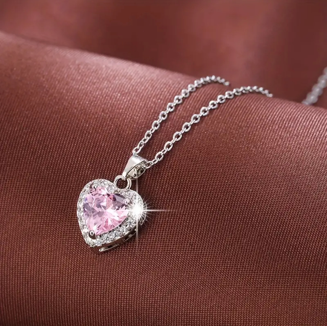 SILVER HEART SHAPED SYNTHETIC CUBIC ZIRCONIA NECKLACE AND CHARM
