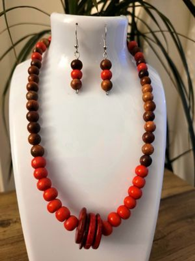 Matching set of orange and brown necklace &amp; earrings