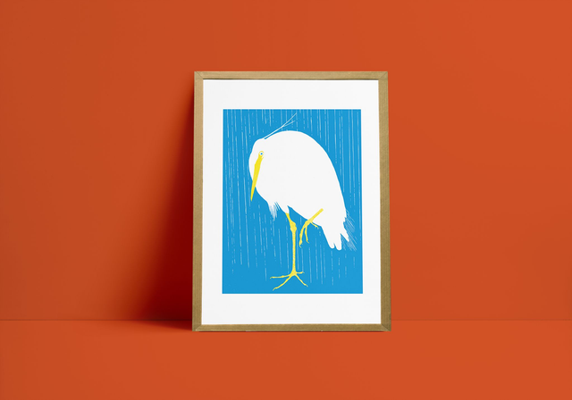 Aigrette Affiche en édition limitée, sérigraphie artisanale | oiseau, héron, blanc, bleu, pop art, wall decor, decoration Active