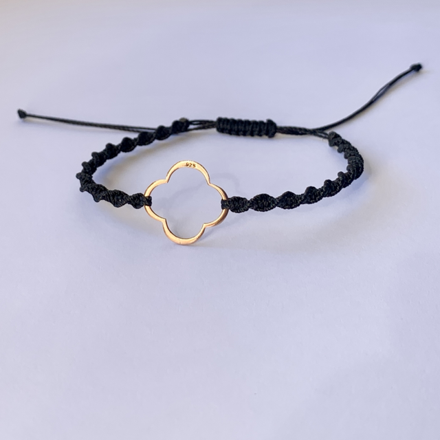 Bracelet, trèfle en argent 925 doré rose, micro-macramé 