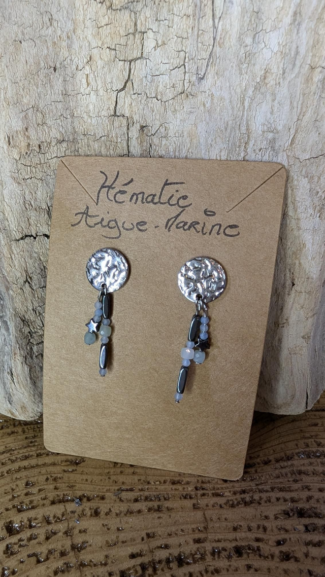 Pendantes Hématite, Aigue Marine.
