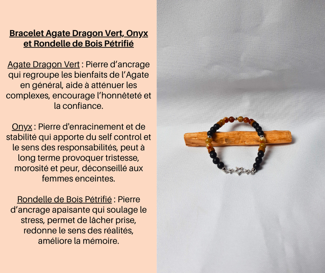 116- Bracelet Agate Dragon Vert, Onyx et Rondelle de Bois Pétrifié