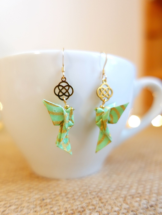 Origami Colombe, oiseau / GOLD FILLED, Or laminé / Boucles d'oreilles / Papier japonais washi / Vert, or / Bijou japonais origami /