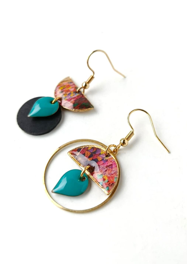 Boucles d'oreilles Asymétriques Upcyclées en Chambre à Air et Papier Recyclés - Textiles