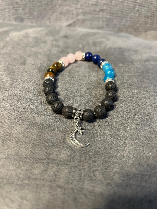 Blue Striped Agate, Lapis Luzli, Rose Quartz, Tiger's Eye & Lava Stone Bracelet