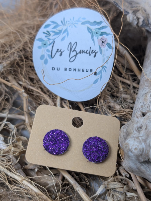 Boucles d&#039;oreilles puces violet paillettes pu045