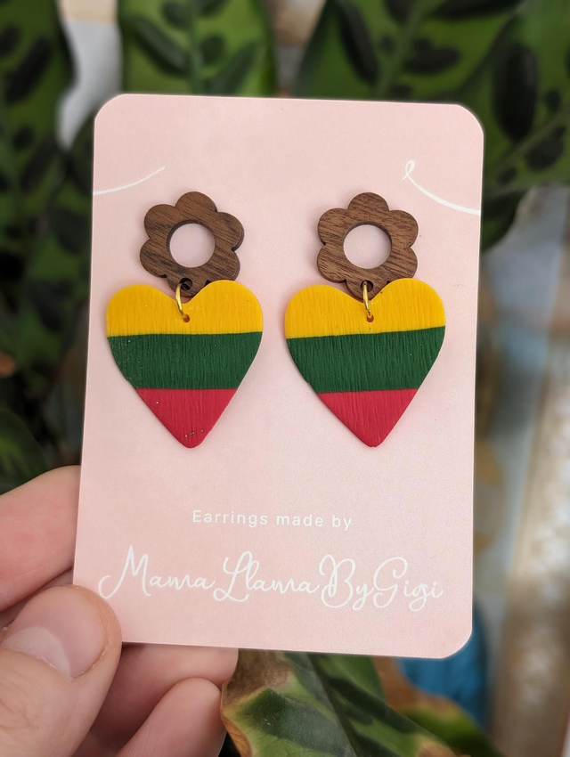 Yellow green and red Heart Wooden Earrings
