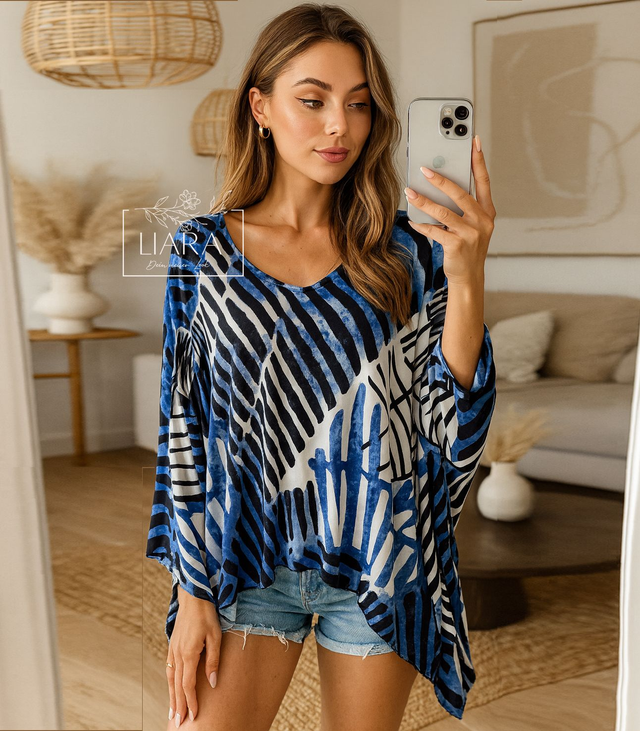 Tunika Bluse blau weiß schwarz Graphik Onesize