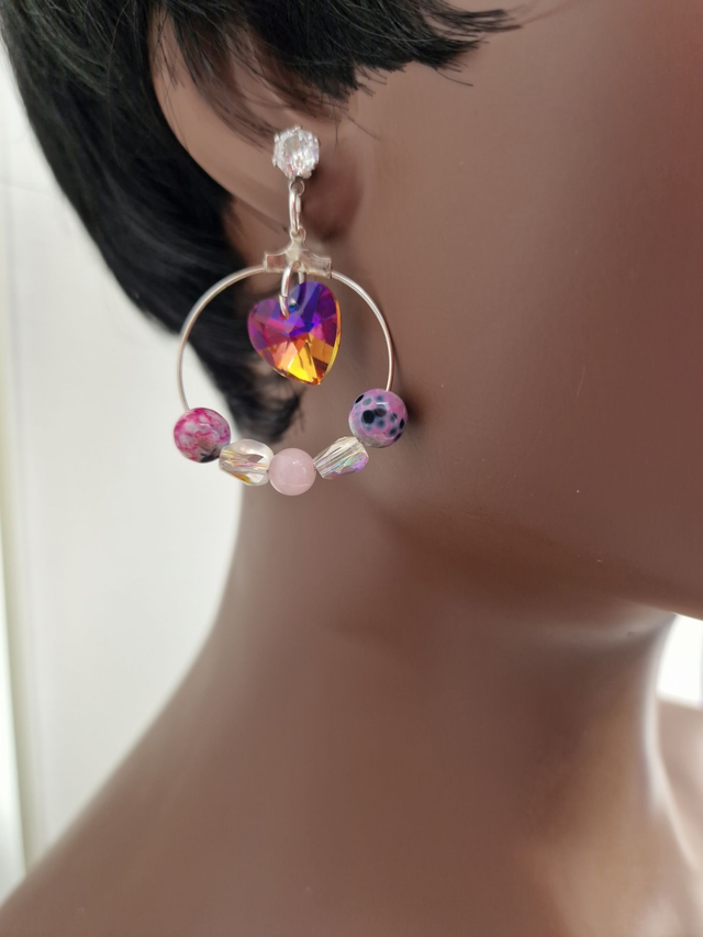 Boucles D'oreilles Acier Créoles Cœurs Cristal Agates Zirconiums
