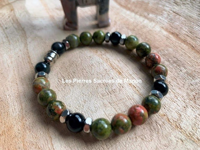Bracelet Obsidienne noire et Unakite - Perles de 8mm