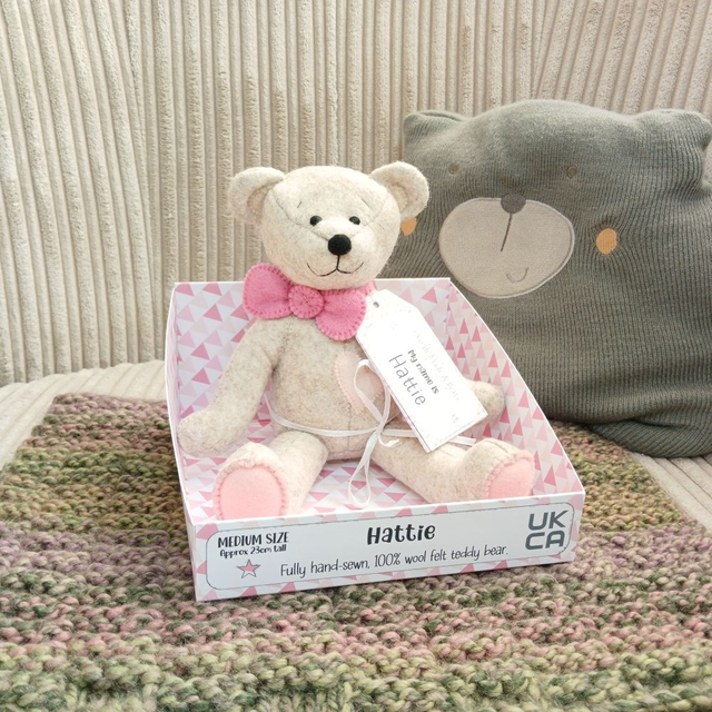 Hattie. Medium size, handmade teddy bear. UKCA. Tray base packaging. Standard Wool Felt. Beige. Baby pink. Mid pink. Light Pink. 