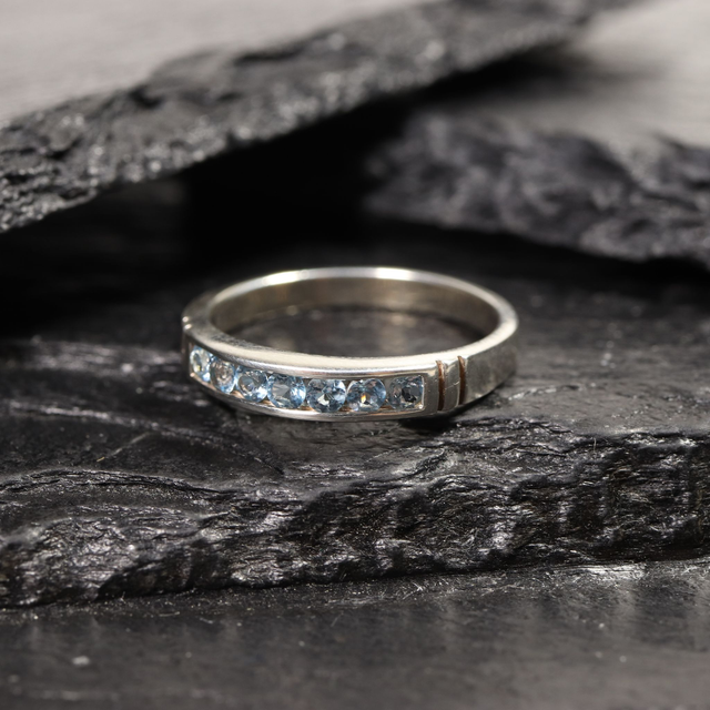 Sterling Silver 925 Minimalist Design Eternity Style Small Round Cut Blue Topaz Birthstone Gemstone Band Ring Size O - 7