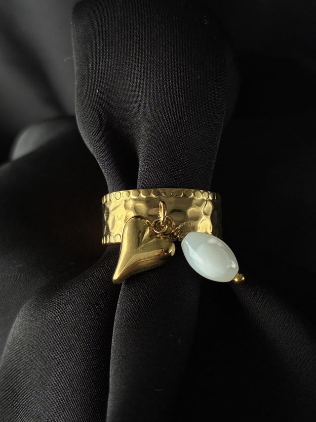 Bague réglable martelée Coeur Perlé Doré