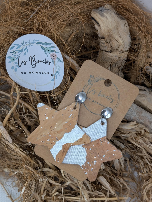 Boucles d&#039;oreilles Star cuir et liège s001