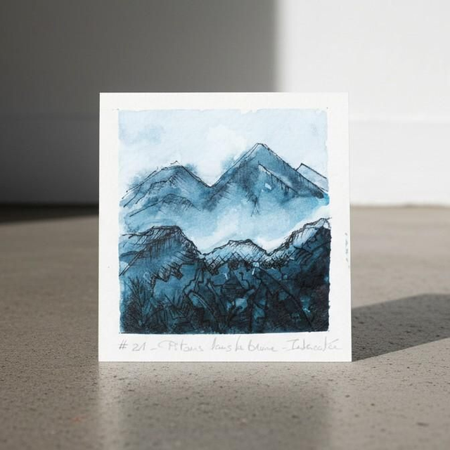 Aquarelle mini - Pitons dans la brume