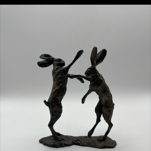 Bronze Fighting Hares Sculpture by Paul Jenkins – Signed – 12cm