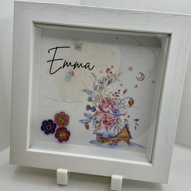 Personalised Christmas frame. Buttons frame with custom name.
