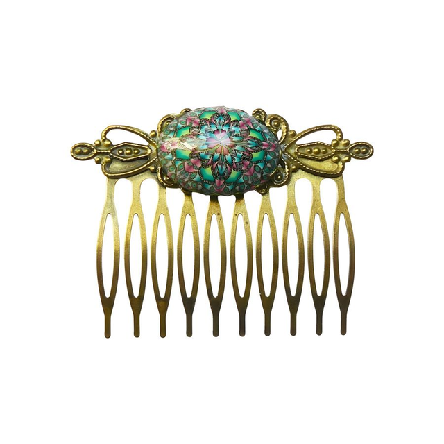 Peigne à cheveux rétro mandala vert rose