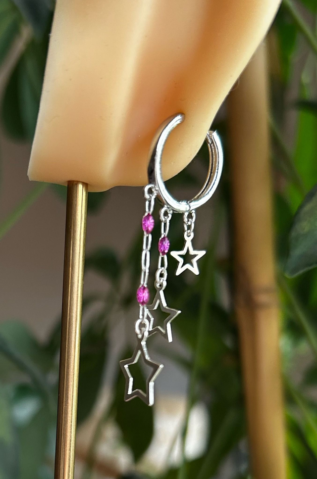 Sterling Silver Star Earrings with Amethyst Enamel – Celestial Chain Drop Jewellery for Intuition &amp; Elegance