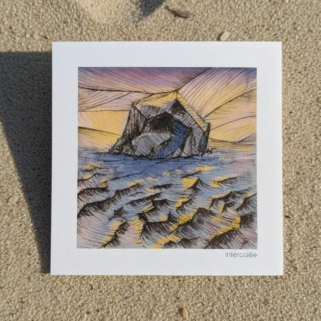 Carte postale carrée 13x13 - encre et aquarelle - Le rocher du Diamant - Martinique - reproduction