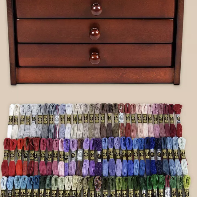 DMC Mini Wooden Collector&#039;s Box: 120 Stranded Cotton Skeins  Pattern plus  Sewing Notions Pouch 