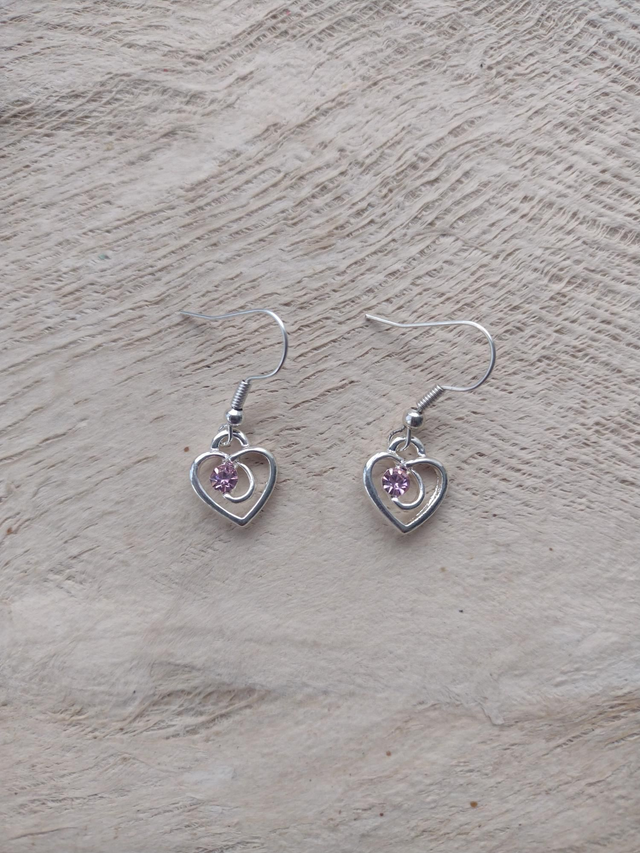 Silver heart pink stone earrings 