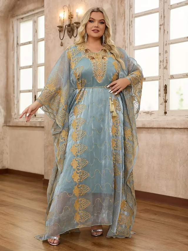 Women Elegant Plus Size Embroidered Maxi Kaftan Dress