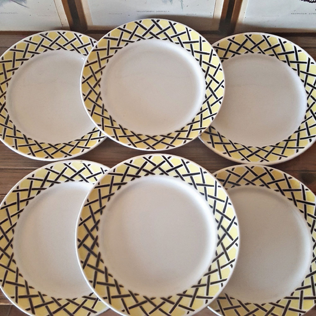 X Assiettes plates Badonviller vintage, motifs jaune et noir