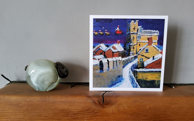 Father Christmas and his sheep flying over the Roman Walls York. 6x6&quot; christmas card. 