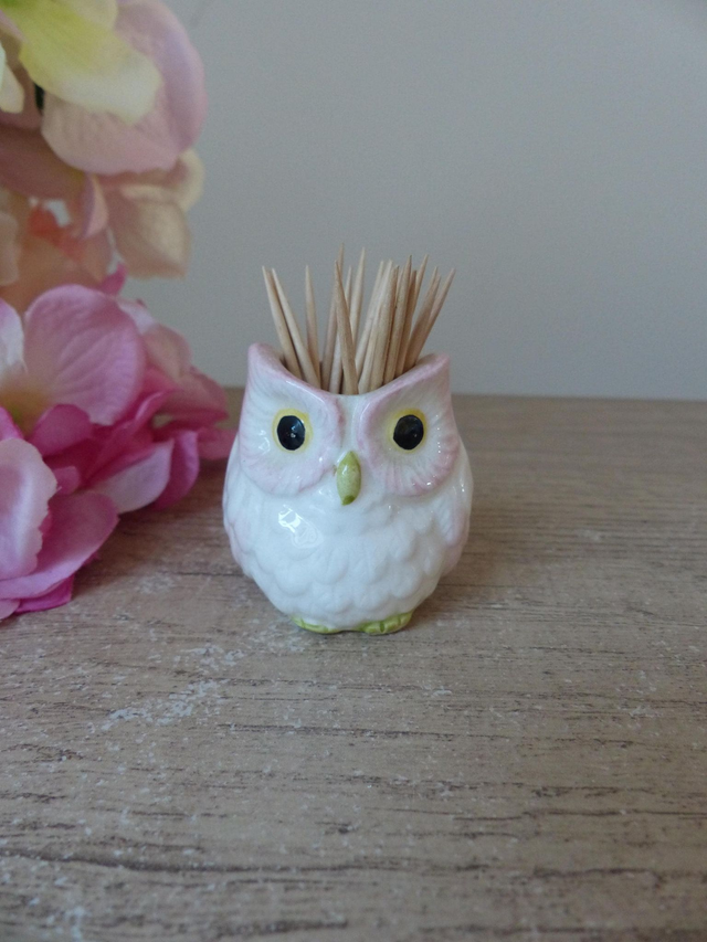 Porte-Pics Apéritif Chouette en Céramique – Figurine Hibou Blanche et Rose Vintage Japon | Petit Pot Déco Table Romantique