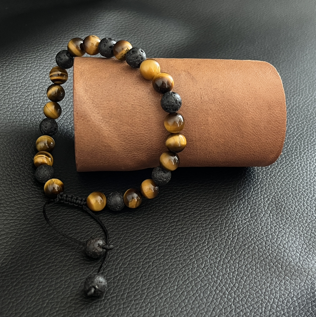  Bracelet en Œil de Tigre et Pierre de Lave cordon coulissant 