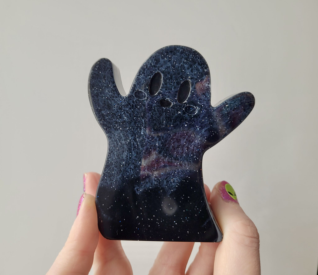 Ghost Ornament - Marbled Black with Silver Glitter 