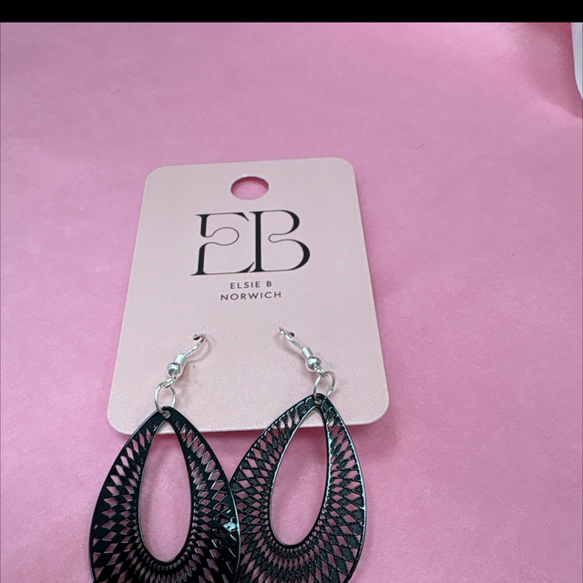 Black filigree drop earrings silver hook