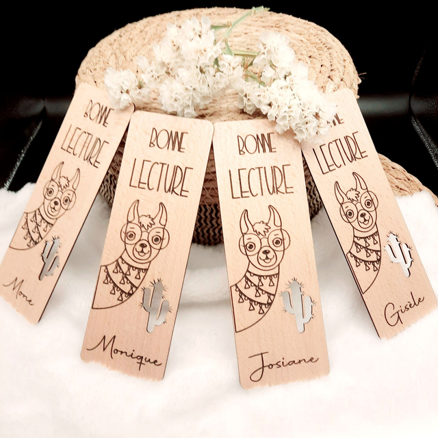 Marque-page en Bois Massif - Hêtre - Modèle &quot;Bonne Lecture Lama&quot;