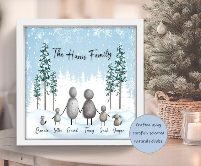 Personalised Pebble Family Frame | Woodland Snow Scene | Custom Text &amp; Names | Handcrafted Christmas Gift for Grandparents, family and friends 