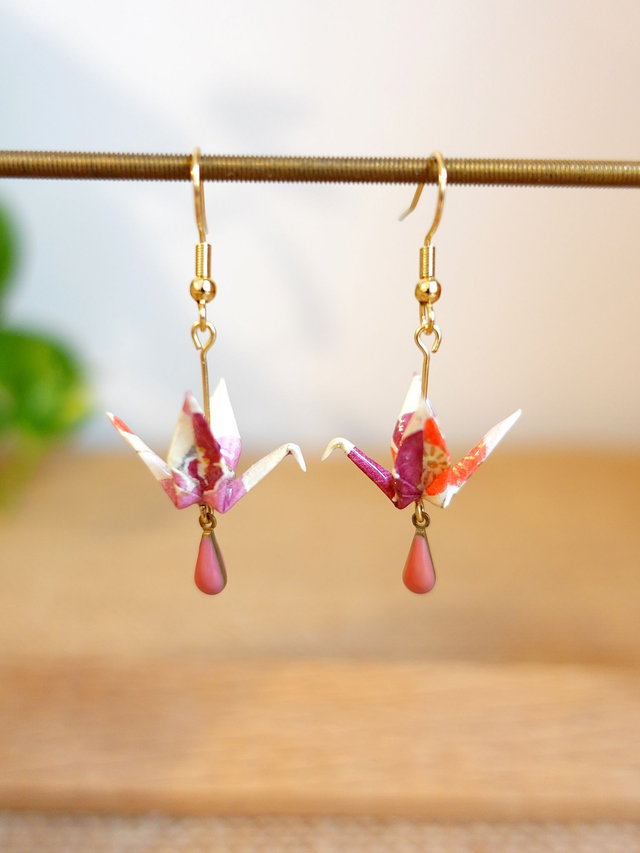 INOX doré / Origami grues, oiseaux / Papier japonais washi / Violet, Orange, or / Boucles d'oreilles origami /