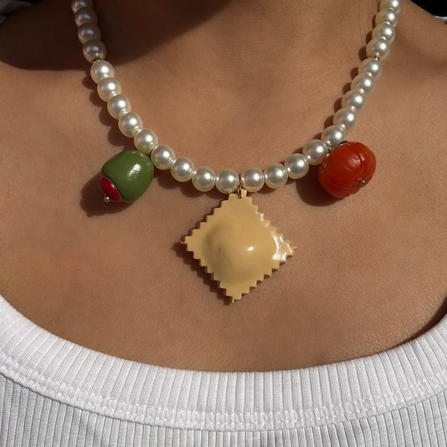 FRANCESCA – Ravioli, Tomato & Olive Pearl Charm Necklace