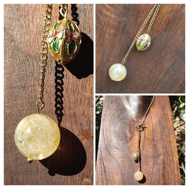Collier citrine : pierres naturelles &amp; perle cloisonnée, monté sur fil de lin réglable avec chaîne d&#039;extension en acier inoxydable doré, pièce unique.