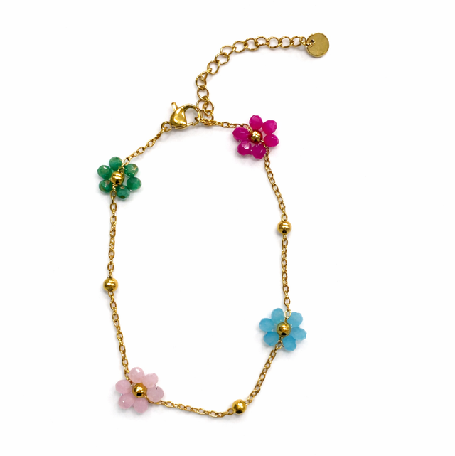 Pulsera acero dorado flores multicolor 