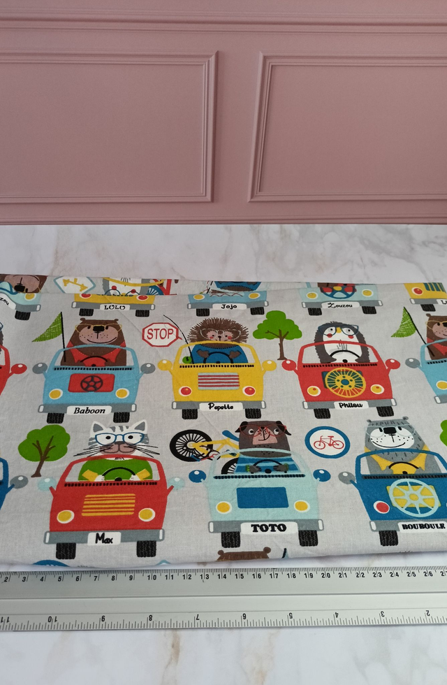 Tissu coton gris voiture/animaux