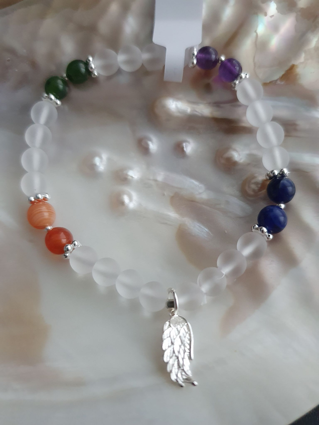 Armband Bergristall mit Feder und Amethyst, Sodalith, Jade, Karneol, 