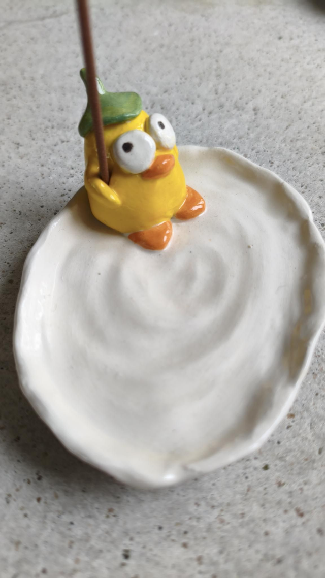 Yellow duck spirit incense holder handcrafted ceramic